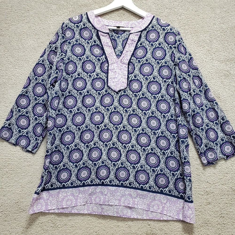 Talbots Blouse Top Womens Large Blue Lavender Medallion 3/4 Sleeve Pullover